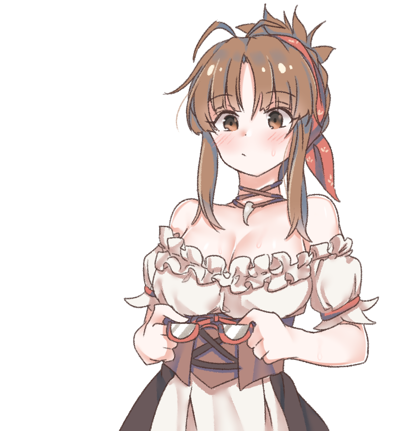 1girl aa211108 akizuki_ritsuko antenna_hair bare_shoulders blush breasts brown_eyes brown_hair cleavage corset detached_sleeves dot_mouth dot_nose dress frilled_dress frills hair_over_shoulder hair_ribbon holding holding_removed_eyewear idolmaster idolmaster_(classic) idolmaster_million_live! idolmaster_million_live!_theater_days jewelry large_breasts necklace parted_bangs ponytail puffy_detached_sleeves puffy_sleeves ribbon sidelocks simple_background solo sweat transparent_background unworn_eyewear upper_body