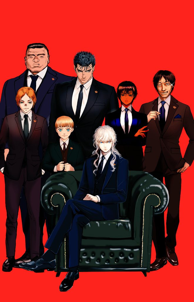 1girl 6+boys adjusting_clothes armchair berserk black_footwear black_hair black_necktie black_pants black_socks blonde_hair blue_jacket blue_pants blunt_bangs bowl_cut brown_footwear brown_jacket brown_pants buzz_cut casca_(berserk) chair collared_shirt contemporary corkus_(berserk) crossed_arms crossed_legs dark-skinned_female dark_skin glint griffith_(berserk) grin guts_(berserk) hands_in_pockets jacket judeau_(berserk) lineup long_hair looking_at_viewer multiple_boys necktie nisino2222 orange_hair pants pippin_(berserk) red_background rickert_(berserk) shirt shoes short_hair simple_background sitting smile smirk socks spiked_hair very_short_hair white_hair white_shirt