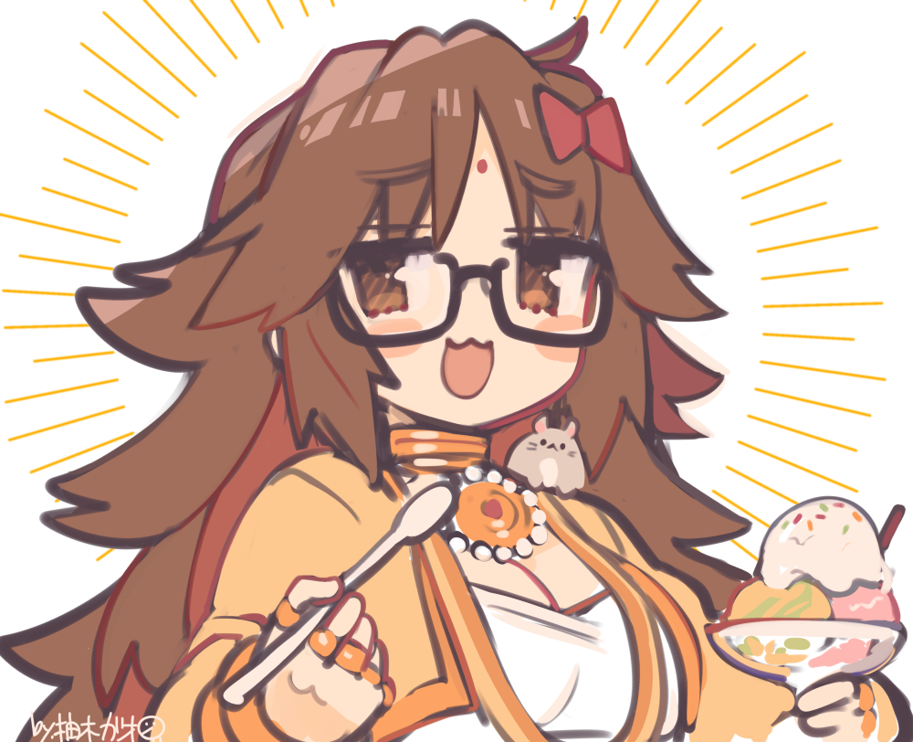 1girl bangs bindi black-framed_eyewear blush bow breasts brown_eyes brown_hair cleavage commentary_request fate/extra fate/extra_ccc fate/grand_order fate_(series) food ganesha_(fate) glasses hair_bow holding holding_spoon ice_cream jewelry jinako_carigiri large_breasts long_hair looking_at_viewer open_mouth ring solo spoon sprinkles very_long_hair white_background yuzuki_gao