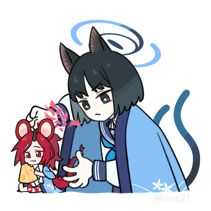 2girls animal_ear_fluff animal_ears black_choker black_eyes black_hair blue_archive blunt_bangs bow_choker cat_ears cat_girl cat_tail cheese choker commentary dragon_girl dragon_horn dragon_tail eating eyeshadow food forehead halo haori holding holding_food horns japanese_clothes kemonomimi_mode kikyou_(blue_archive) leg_tattoo long_hair long_sleeves looking_at_another makeup mildtaste mouse_ears mouse_girl multiple_girls multiple_tails nekomata parody parted_bangs red_eyes red_eyeshadow red_hair renge_(blue_archive) school_uniform serafuku short_hair sidelocks simple_background single_horn sitting size_difference smile symbol-only_commentary tail tattoo tom_and_jerry two_tails white_background white_serafuku wide_sleeves