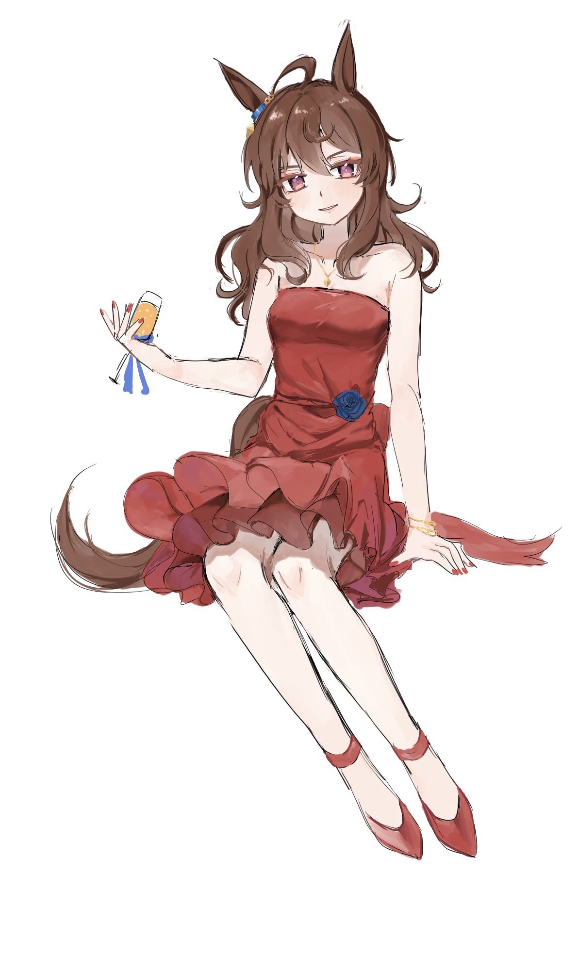 1girl ahoge animal_ears bare_shoulders blue_flower blue_rose bracelet breasts brown_hair champagne_flute charan_(4963_nkym) cup dress dress_flower drinking_glass flower highres holding holding_cup horse_ears horse_girl horse_tail invisible_chair jewelry long_hair looking_at_viewer nakayama_festa_(umamusume) necklace parted_lips pink_eyes red_dress red_footwear rose simple_background sitting small_breasts solo strapless strappy_heels tail umamusume white_background