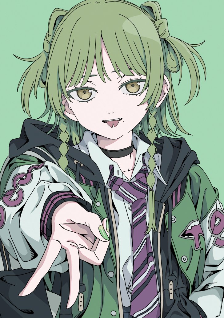 1girl :p black_bag black_choker black_hoodie braid braided_sidelock brown_eyes choker collarbone collared_shirt commentary_request diagonal-striped_clothes diagonal-striped_necktie drawstring forked_tongue green_background green_hair green_jacket green_nails gyaru_v hairstyle_request haku_geroda hand_in_pocket hand_up hood hood_down hoodie jacket logo long_sleeves looking_at_viewer medium_hair mole mole_under_eye multicolored_clothes multicolored_jacket necktie open_clothes open_collar open_hoodie open_jacket open_mouth original purple_necktie sanpaku shirt shoulder_strap sidelocks simple_background solo striped_clothes teeth thick_eyelashes tongue tongue_out twin_braids upper_body upper_teeth_only v white_shirt white_sleeves