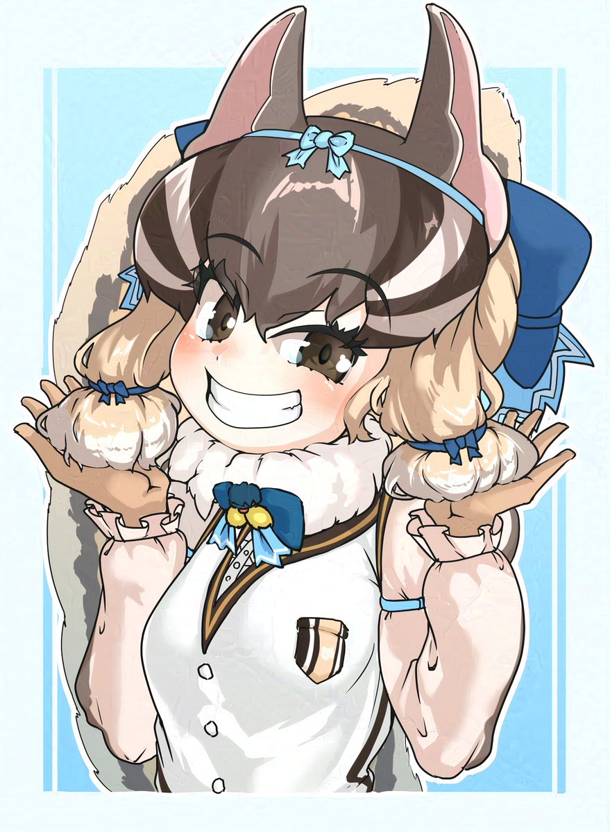 1girl animal_ears blue_background brown_eyes brown_hair chipmunk_ears chipmunk_girl chipmunk_tail extra_ears gloves highres kemono_friends kemono_friends_v_project looking_at_viewer microphone orange_ardy1203 ribbon shirt short_hair siberian_chipmunk_(kemono_friends) simple_background solo tail upper_body vest virtual_youtuber