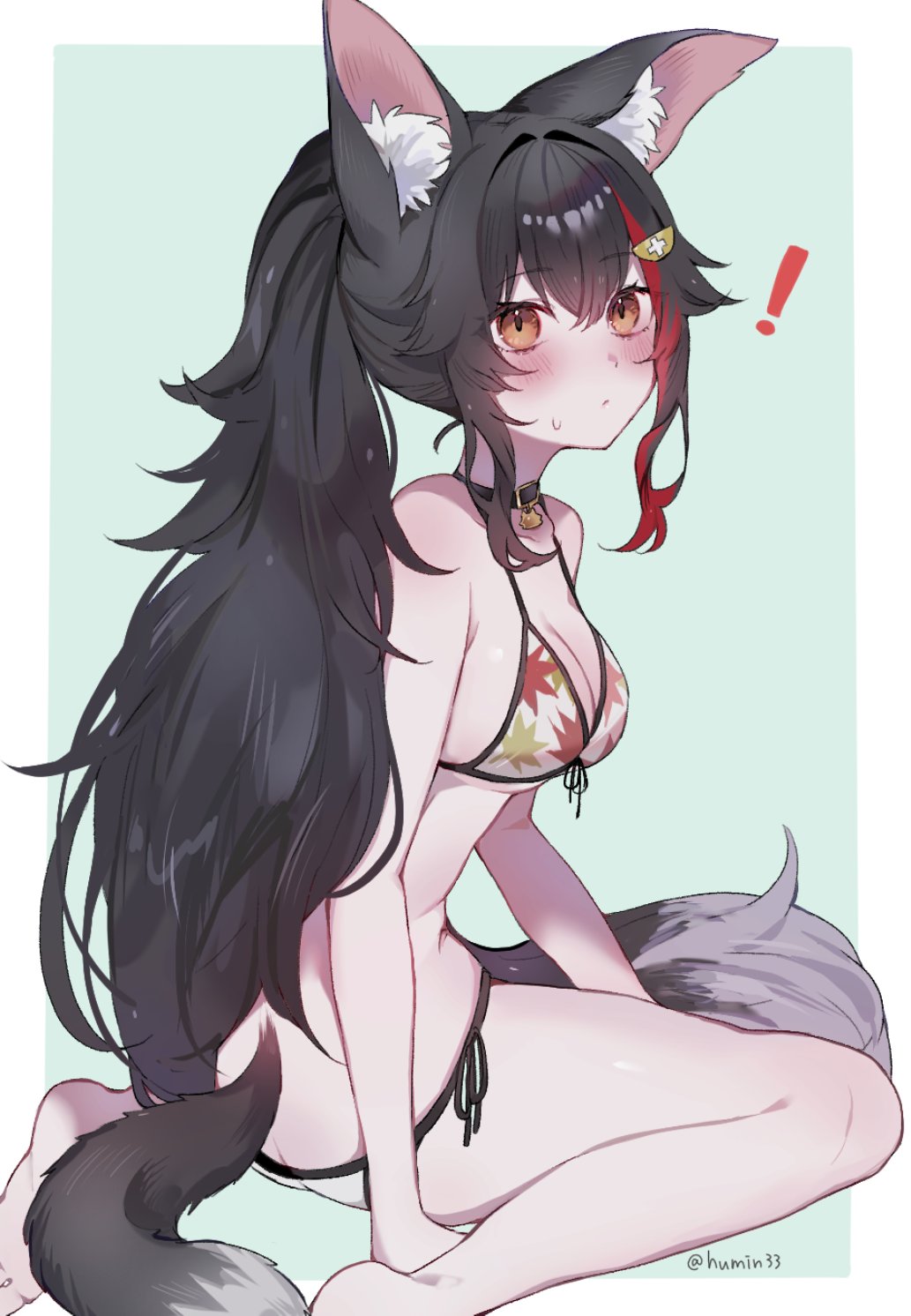 ! 1girl animal_collar animal_ear_fluff animal_ears barefoot bikini black_hair blush border breasts butt_crack cleavage collar commentary from_side front-tie_bikini_top front-tie_top hair_between_eyes hair_ornament hairclip hashtag-only_commentary high_ponytail highres hololive large_breasts leaf_print long_hair maple_leaf_print mofumin multicolored_hair official_alternate_costume official_alternate_hairstyle ookami_mio ookami_mio_(hololive_summer_2019) orange_eyes parted_lips print_bikini red_hair side-tie_bikini_bottom sidelocks simple_background sitting solo streaked_hair swimsuit tail very_long_hair virtual_youtuber wariza white_bikini white_border wide_ponytail wolf_ears wolf_girl wolf_tail