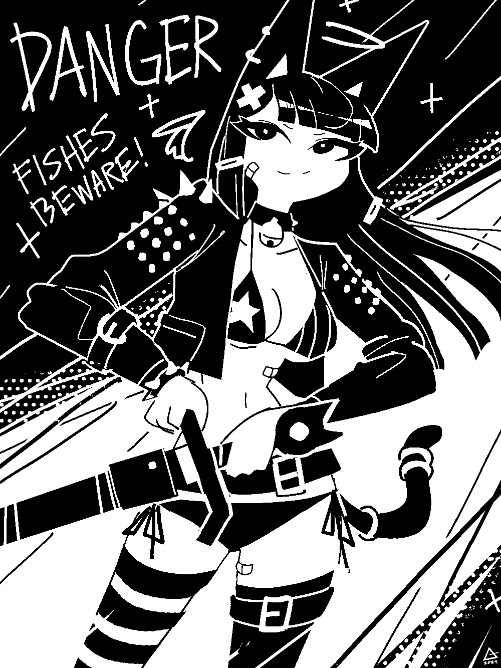 1girl andaerz animal_ears bandaid bandaid_on_face bandaid_on_leg bandaid_on_stomach bell belt bikini black_eyes blunt_bangs bracelet breasts cat_ears cat_girl choker detached_wings english_text hair_ornament hairclip halo high_contrast highres holding holding_sword holding_weapon jacket jewelry jingle_bell leg_belt limited_palette long_hair long_sleeves monochrome narrowed_eyes navel neck_bell open_clothes open_jacket original shoulder_spikes smile solo spiked_bracelet spikes star_(symbol) star_print striped_clothes striped_thighhighs swimsuit sword thigh_bow thighhighs underboob weapon wings
