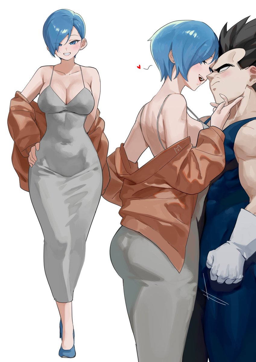 1boy 1girl black_hair blue_eyes blue_hair blush breasts bulma cleavage covered_navel dongtan_dress dragon_ball dragon_ball_super dress gloves grey_dress highres large_breasts meme_attire nia_(nia4294) open_mouth short_hair simple_background sleeveless_turtleneck_dress smile spiked_hair vegeta white_background white_gloves