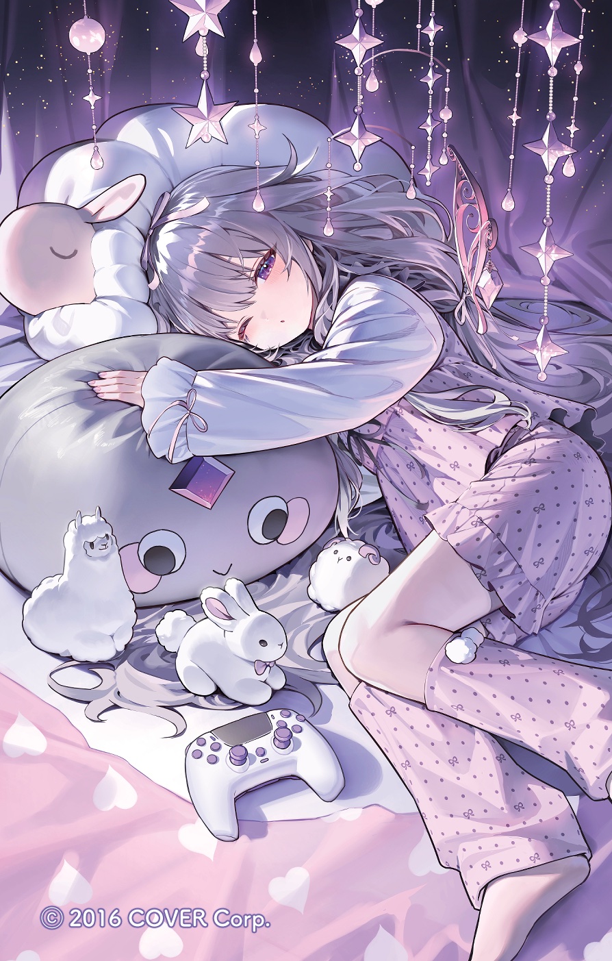 1girl alpaca bed company_name copyright_name grey_hair hair_ribbon highres hololive hololive_english kitada_mo koseki_bijou long_hair lying official_art on_side one_eye_closed pajamas pebble_(koseki_bijou) ribbon sleepwear solo stuffed_alpaca stuffed_animal stuffed_rabbit stuffed_shark stuffed_toy virtual_youtuber