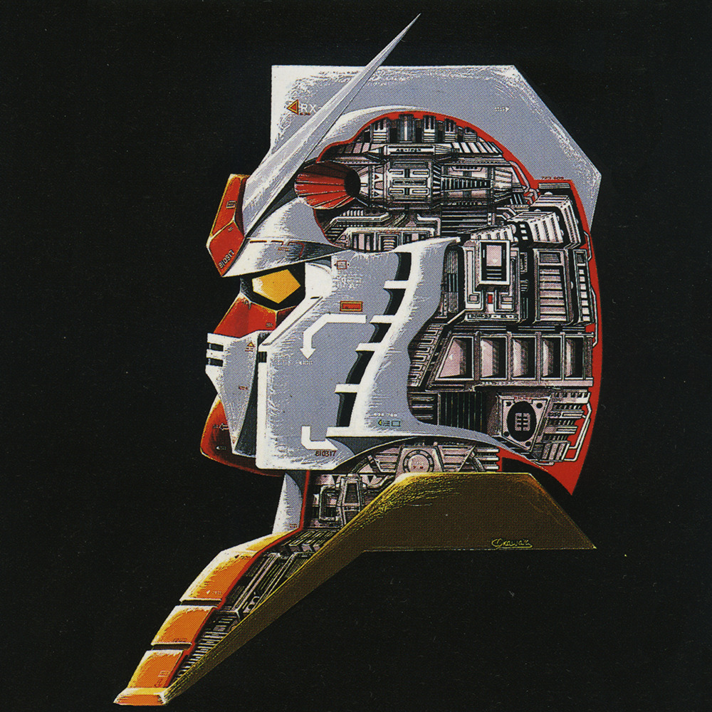 1970s_(style) 1980s_(style) black_background cross-section gun gundam machine_gun machinery mecha mecha_focus mobile_suit mobile_suit_gundam muzzle no_humans official_art ookawara_kunio painting_(medium) promotional_art retro_artstyle robot rx-78-2 scan science_fiction signature traditional_media upper_body v-fin weapon yellow_eyes