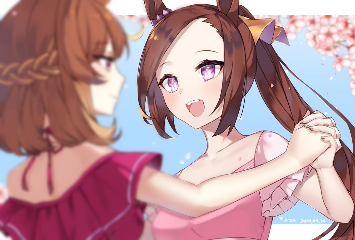 2girls :d animal_ears braid brown_hair cherry_blossoms dated ehogari flower_in_eye gold_hairband hairband horse_ears horse_girl long_hair multiple_girls north_flight_(umamusume) petals ponytail sakura_bakushin_o_(umamusume) smile solo_focus symbol_in_eye umamusume