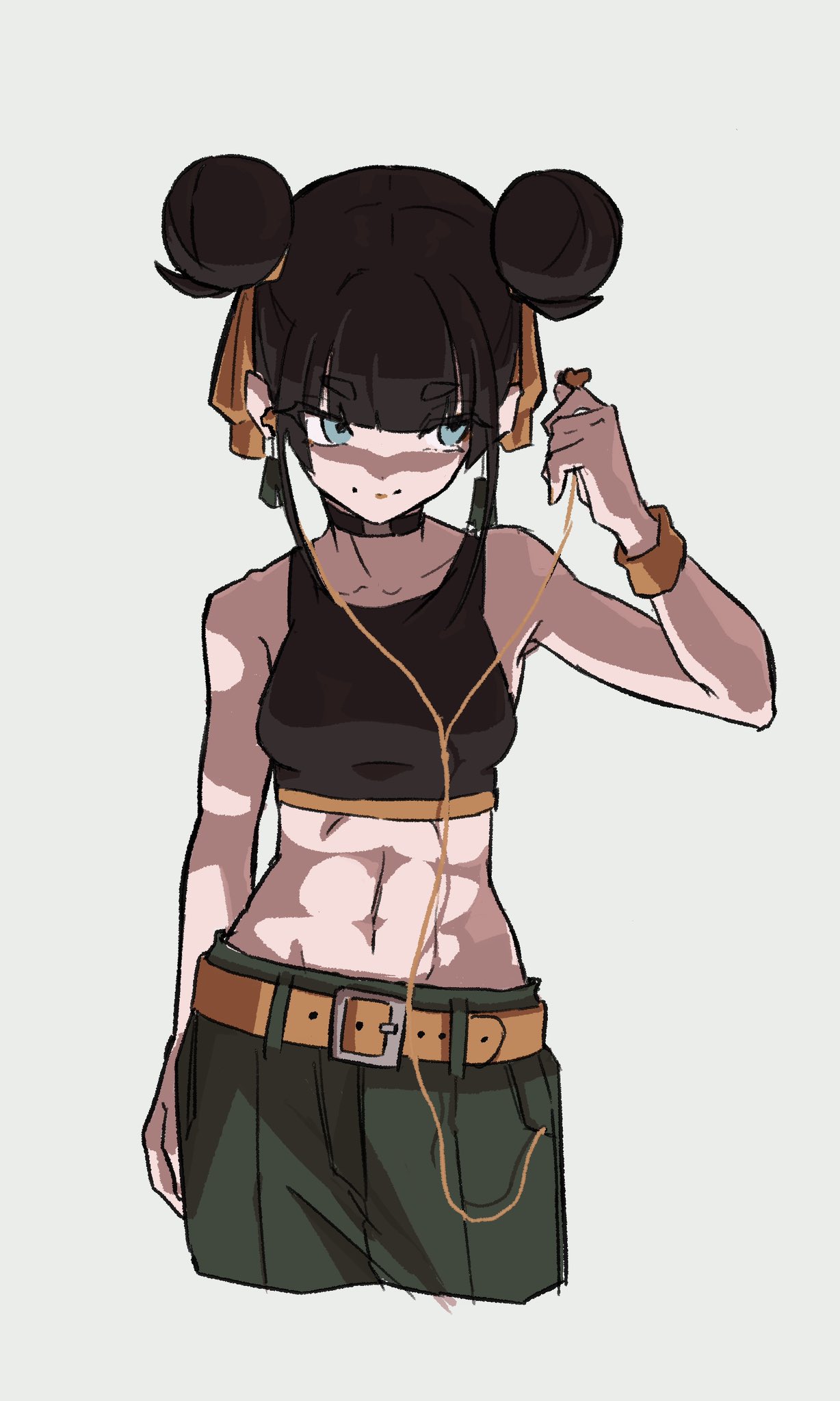 1girl arm_at_side bare_shoulders belt black_hair black_tank_top blue_eyes breasts cable choker closed_mouth crop_top double_bun earphones gaako_illust green_pants hair_bun hair_ribbon hand_up highres midriff orange_ribbon original pants ribbon sideways_glance simple_background sleeveless smile solo tank_top toned updo white_background wristband