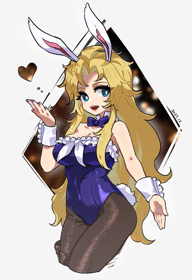 1girl animal_ears blonde_hair blue_eyes breasts dated emilia_(saga_frontier) fake_animal_ears fishnet_pantyhose fishnets hcsb leotard long_hair looking_at_viewer nail_polish open_mouth pantyhose playboy_bunny rabbit_ears saga saga_frontier smile solo