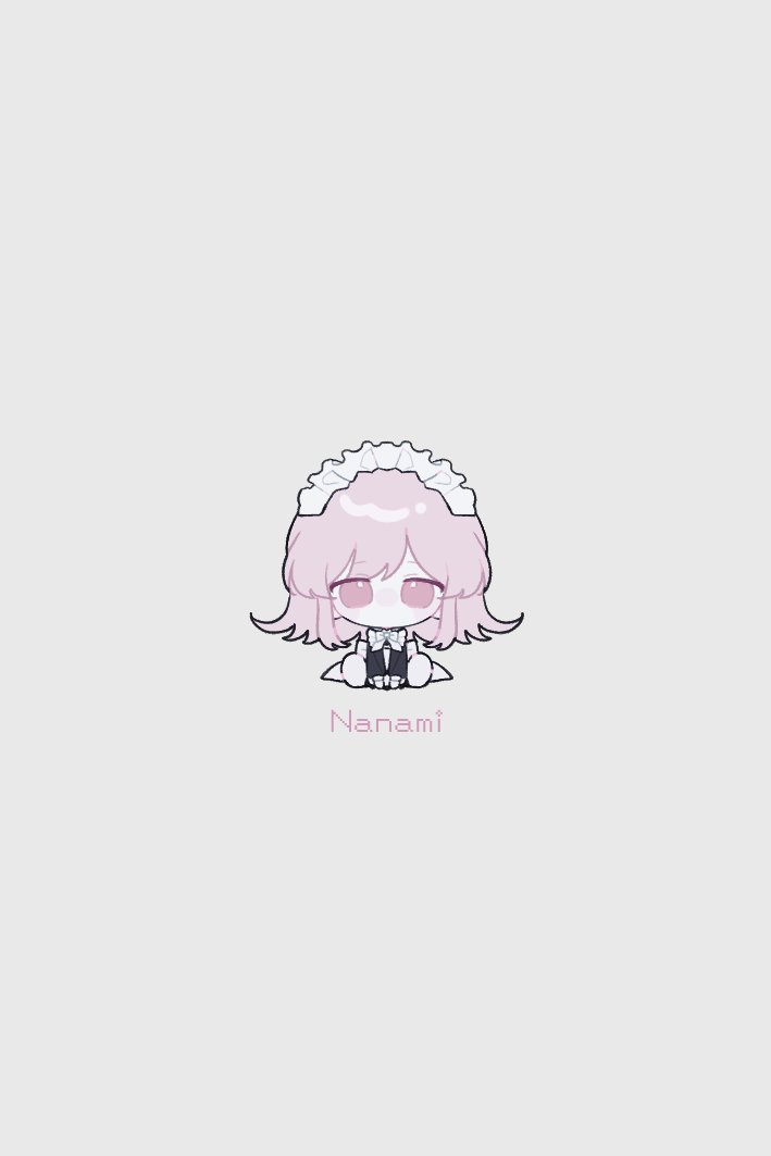 1girl alternate_costume bow bowtie brown_background brown_hair character_name chibi danganronpa_(series) danganronpa_2:_goodbye_despair enmaided gyeongchae long_sleeves maid medium_hair nanami_chiaki pink_eyes simple_background sitting solo white_bow white_bowtie