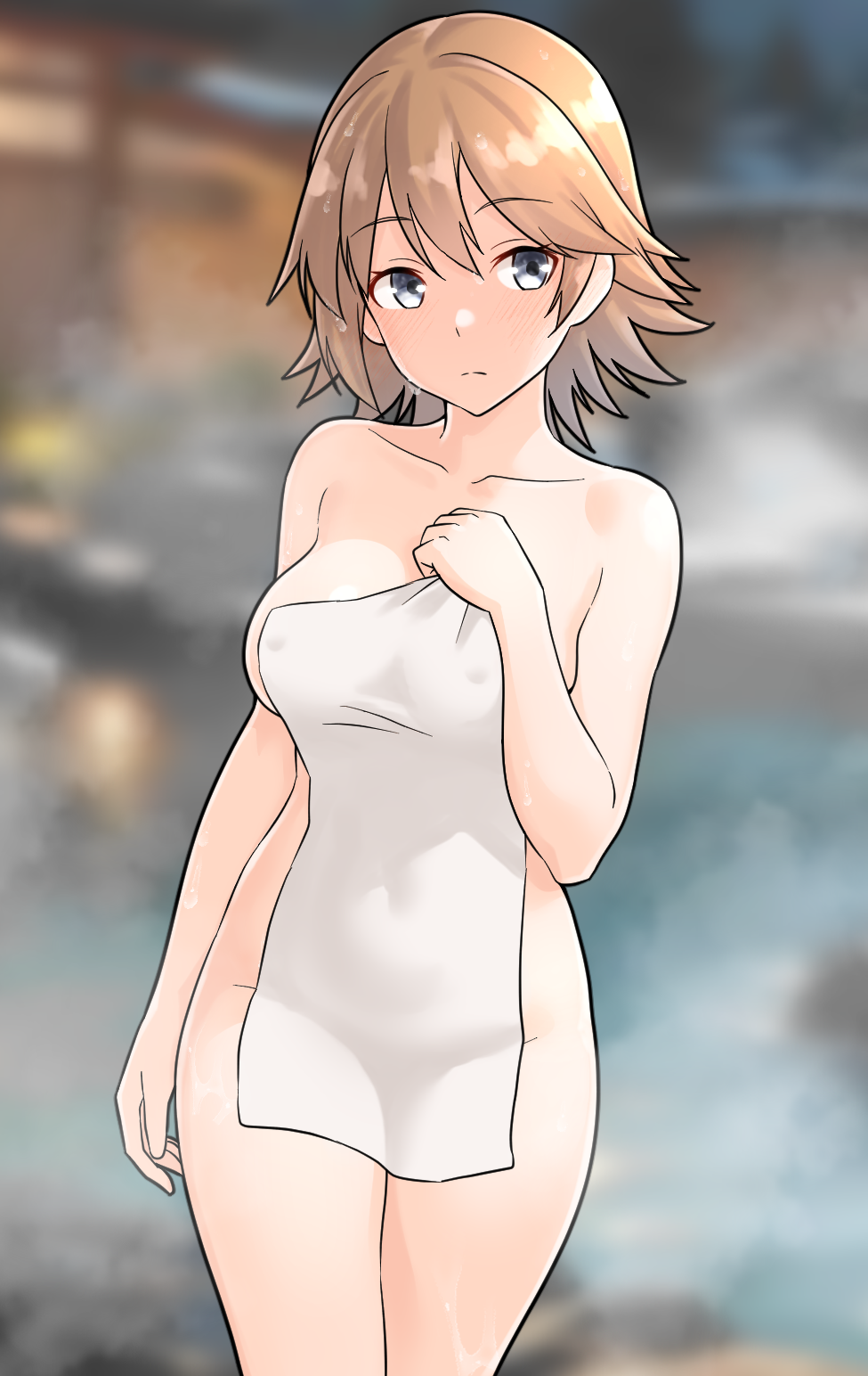 1girl blurry blurry_background breasts brown_hair collarbone covered_navel covering_privates flipped_hair furaggu_(frag_0416) grey_hair hiei_(kancolle) highres kantai_collection large_breasts naked_towel nude_cover onsen short_hair solo standing towel white_towel