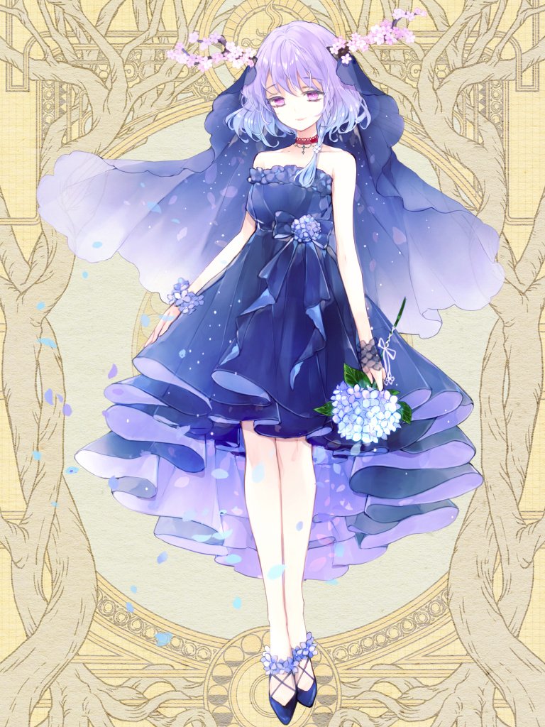 1girl ankle_flower antlers bare_arms bare_shoulders blue_bow blue_dress blue_eyes blue_flower blue_footwear blue_veil bob_cut bow braid chateau_francesca choker closed_mouth dairoku_ryouhei dress empire_waist falling_petals flower flower_trim full_body gradient_hair hair_between_eyes hair_flower hair_ornament high-low_skirt holding holding_flower horns hydrangea looking_at_viewer multicolored_hair natsu_nts pendant_choker petals pink_eyes pink_flower purple_hair red_choker shoes short_hair side_braid smile solo standing strapless strapless_dress tree_horns veil waist_bow wrist_flower yellow_background