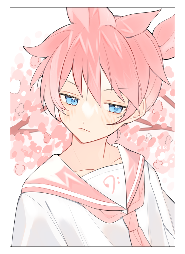 1boy blue_eyes blush border cherry_blossoms cookie_galo kagamine_len looking_to_the_side male_focus necktie pink_hair ponytail sailor_collar sakura_len solo upper_body vocaloid