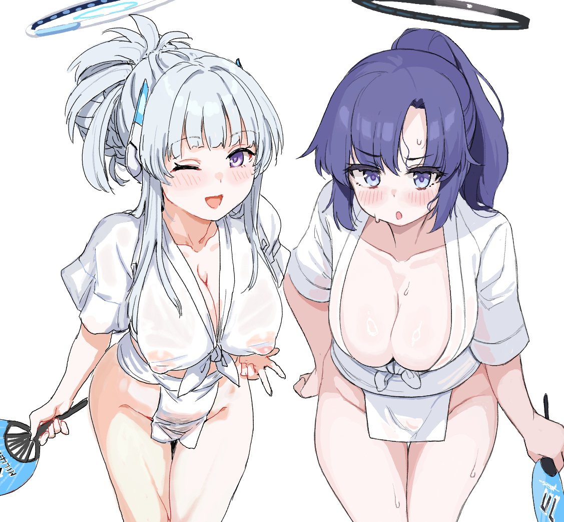 2girls blue_archive blunt_bangs breasts cleavage female_pubic_hair fundoshi halo happi japanese_clothes large_breasts multiple_girls noa_(blue_archive) ponytail pubic_hair purple_eyes purple_hair sacha simple_background sweat wet wet_clothes white_background white_hair yuuka_(blue_archive)