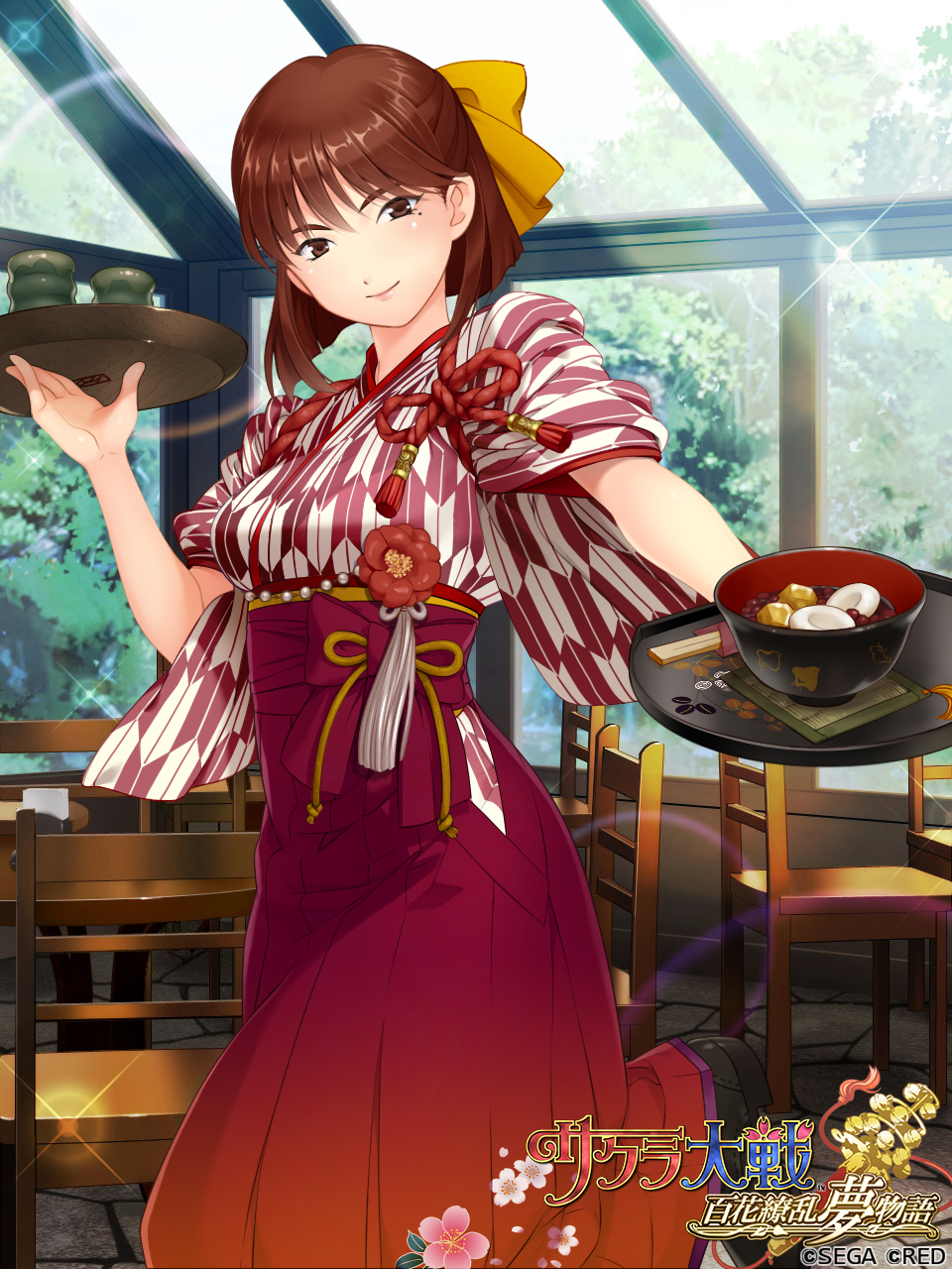 1girl alternate_costume beads black_footwear blunt_bangs blunt_ends bob_cut bowl brown_hair chair chopsticks commentary copyright_name copyright_notice cowboy_shot cup english_text floral_print_hakama flower_ornament food gold_ribbon hair_behind_ear hair_ribbon hakama hakama_skirt highres holding holding_plate indoors japanese_clothes kanzaki_sumire knot leg_up lens_flare light_smile logo mobage mole mole_under_eye official_art plate red_hakama red_ribbon ribbon sakura_taisen short_hair skirt sleeves_rolled_up standing standing_on_one_leg stone_floor straight_hair white_tassel wide_sleeves window yagasuri yellow_ribbon yuasa_tsugumi yunomi