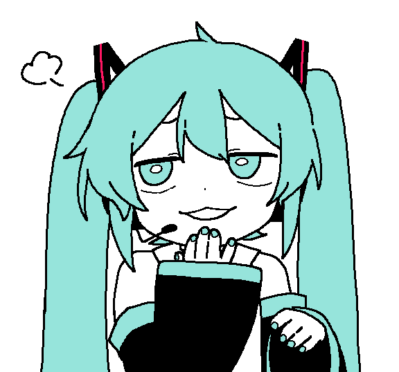 1girl :3 bbyong403 blue_eyes blue_hair blue_nails commentary detached_sleeves furrowed_brow hair_ornament hand_to_own_mouth hand_up hatsune_miku headset jaggy_lines long_hair long_sleeves looking_to_the_side open_mouth partially_colored puff_of_air shirt simple_background sleeveless sleeveless_shirt sleeves_past_wrists smirk smug solo twintails upper_body vocaloid wide_sleeves