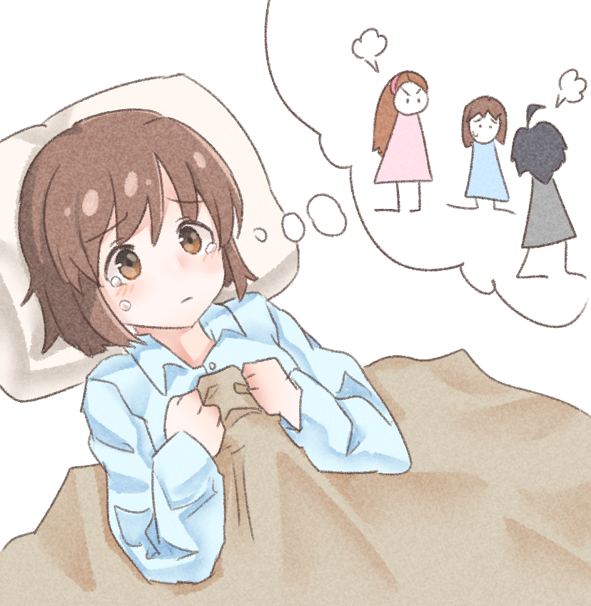 3girls aa211108 blanket blue_skirt blush brown_hair clenched_hands closed_mouth collared_shirt deformed hagiwara_yukiho hands_on_own_chest idolmaster idolmaster_(classic) idolmaster_million_live! idolmaster_million_live!_theater_days kikuchi_makoto long_sleeves lying minase_iori multiple_girls on_back parted_bangs pillow puff_of_air shirt short_hair sidelocks simple_background skirt tearing_up tears thought_bubble under_covers white_background