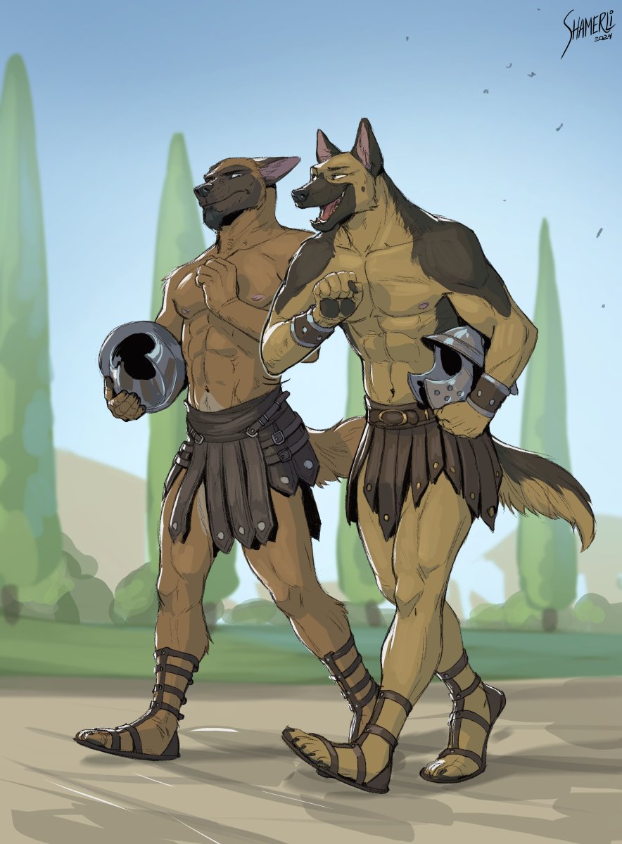 2024 5_fingers 5_toes abs anthro armor athletic athletic_anthro athletic_male black_nose black_pawpads brown_body brown_fur canid canine canis claws clothed clothing domestic_dog duo ears_back facial_hair fangs feet finger_claws fingers footwear fur german_shepherd goatee headgear helmet herding_dog hi_res holding_armor holding_headgear holding_helmet holding_object humanoid_feet humanoid_hands jacob_caesari leather leather_armor male malinois_dog mammal marcus_leo_varro navel nipples open_mouth open_smile outside pastoral_dog pawpads pecs pivoted_ears plantigrade pteruges sandals shamerli sheepdog signature smile teeth toe_claws toes tongue topless topless_anthro topless_male walking