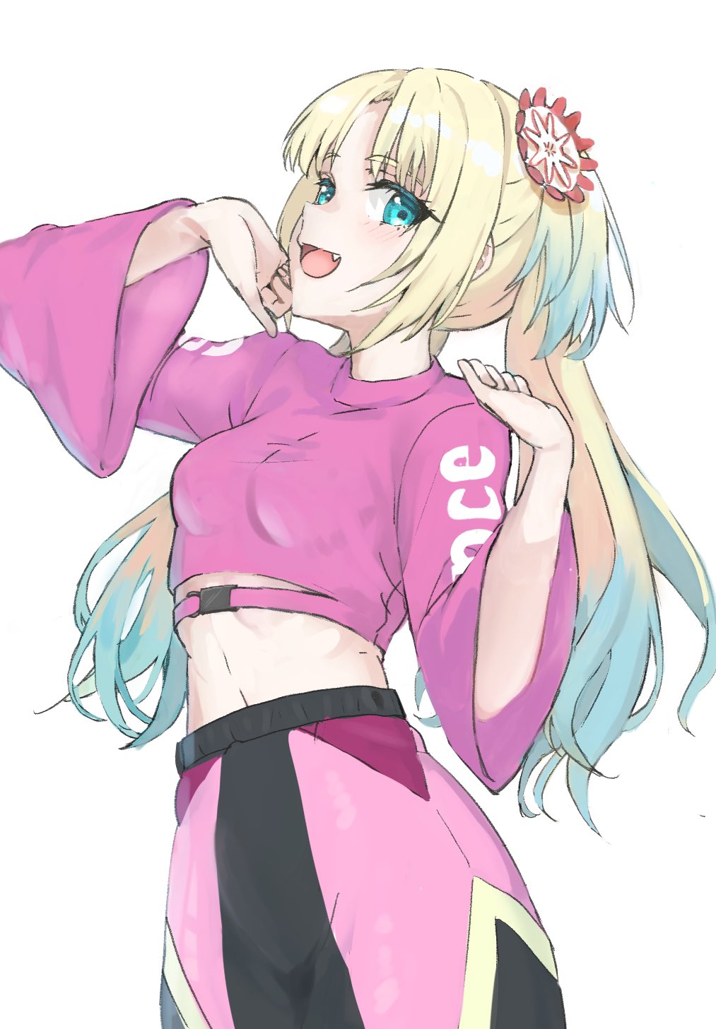 1girl arm_up asueli_ex black_pants blonde_hair blue_eyes blue_hair breasts clothes_writing cowboy_shot cropped_shirt fang flower gradient_hair hair_flower hair_ornament hand_up highres light_blue_hair link!_like!_love_live! long_hair long_sleeves looking_at_viewer love_live! midriff multicolored_hair multicolored_pants official_alternate_costume osawa_rurino pants parted_bangs pink_flower pink_pants pink_shirt shirt sidelocks simple_background small_breasts solo twintails virtual_youtuber white_background wide_sleeves