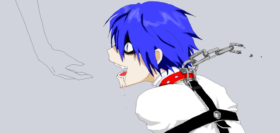 1boy animal_collar bags_under_eyes bdsm blue_eyes blue_hair bondage bound broken broken_chain chain collar crazy_smile drooling from_side grey_background kaito_(vocaloid) messy_hair open_mouth saliva shaded_face sharp_teeth short_hair simple_background sleeves_past_wrists slit_pupils small_pupils smile straitjacket teeth vocaloid