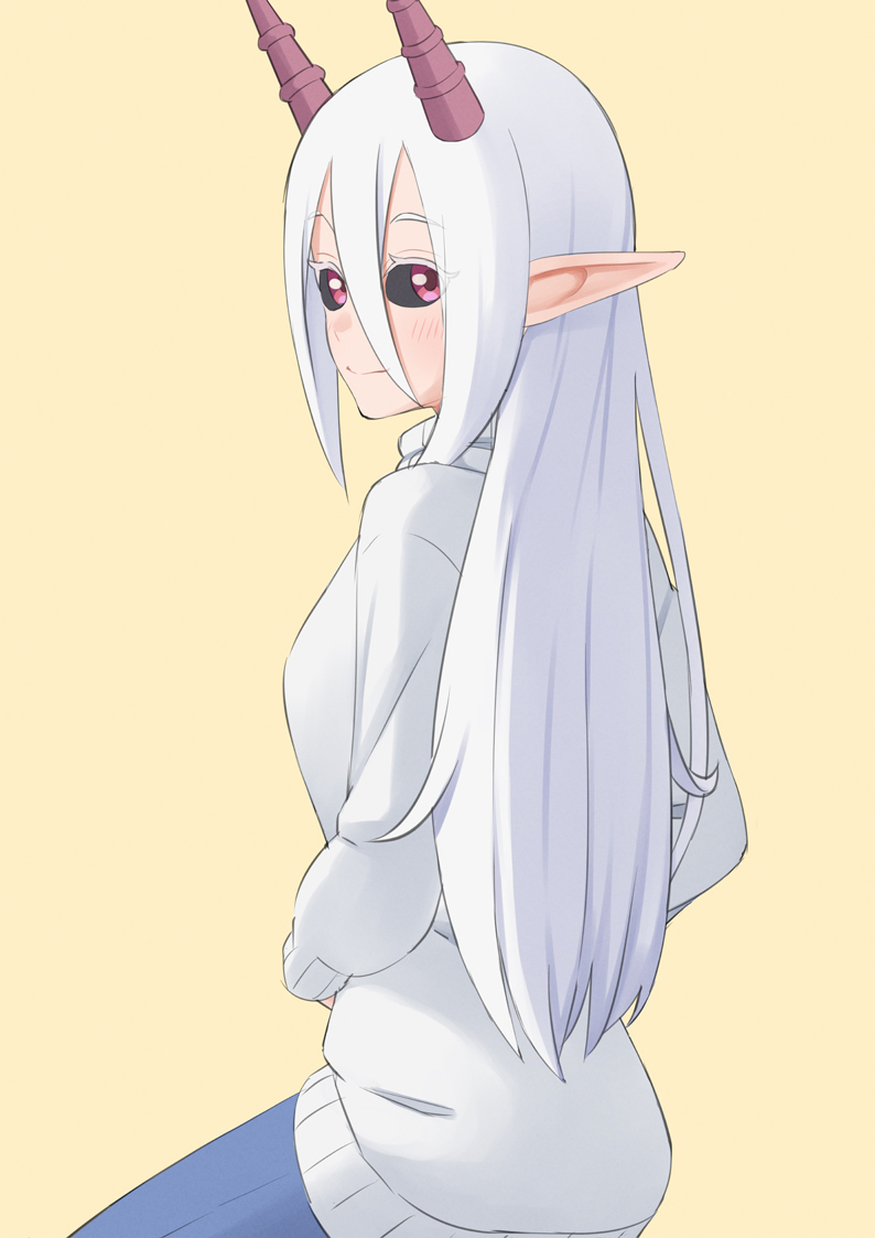 1girl black_sclera blue_pants colored_sclera easy_(aqk7bdqt) hair_between_eyes hime-sama_"goumon"_no_jikan_desu horns long_hair long_sleeves looking_at_viewer looking_back lulune_(himesama_goumon) pants pink_eyes pointy_ears simple_background solo sweater very_long_hair white_hair white_sweater yellow_background