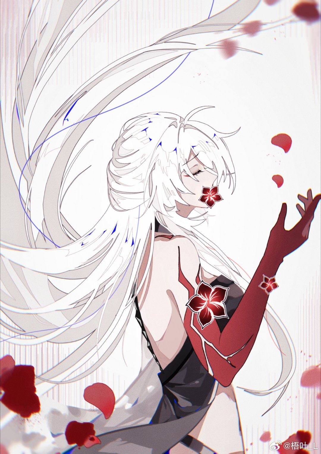 1girl acheron_(honkai:_star_rail) back black_choker black_coat black_gloves choker closed_eyes coat coattails detached_sleeves flower flower_over_mouth gloves hair_over_one_eye hand_up highres honkai:_star_rail honkai_(series) long_hair midriff official_alternate_color petals profile red_flower simple_background single_bare_shoulder solo stomach weibo_logo weibo_watermark white_hair wu_ye