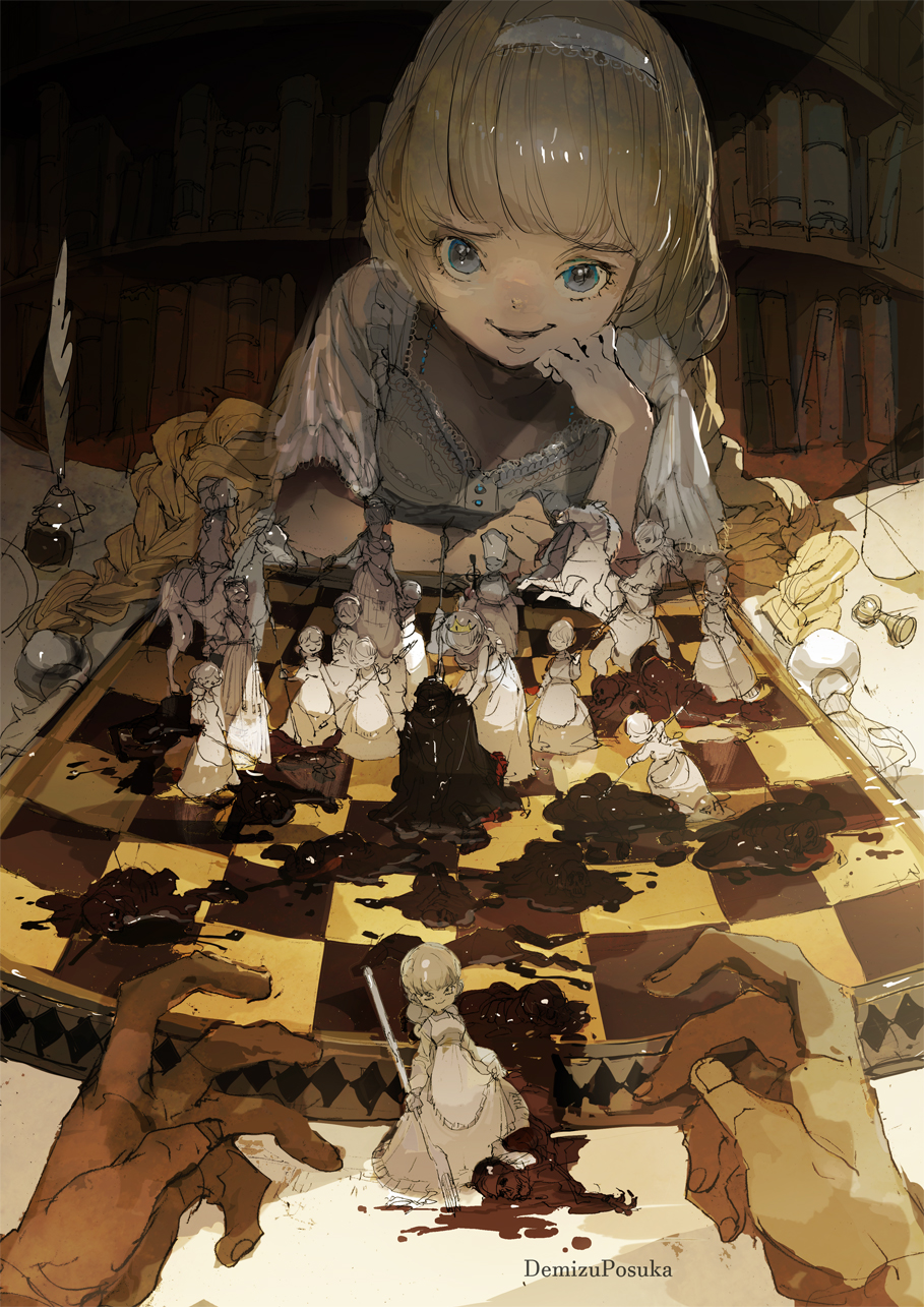 1boy 1girl artist_name bishop_(chess) blonde_hair blue_eyes board_game book bookshelf braid breasts chess chess_piece chessboard cleavage commentary_request defeat demizu_posuka fork hairband head_rest highres holding holding_fork horse horseback_riding indoors inkwell knight_(chess) long_hair looking_at_viewer melting original parted_lips pawn_(chess) pov pov_hands queen_(chess) quill riding skull smile table twin_braids