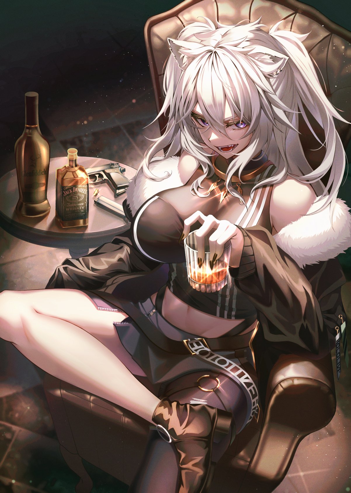 1girl alcohol animal_ears ankle_boots bangs black_footwear black_jacket black_pantyhose black_shirt boots bratja breasts couch crop_top crossed_legs cup ear_piercing fangs figure_four_sitting from_above fur-trimmed_jacket fur_trim glass grey_eyes grey_hair grey_skirt gun hair_between_eyes handgun high_heel_boots high_heels highres holding holding_cup hololive jack_daniel's jacket jewelry large_breasts lion_ears long_hair long_sleeves magazine_(weapon) messy_hair miniskirt necklace o-ring o-ring_thigh_strap off_shoulder on_couch open_clothes open_jacket open_mouth pantyhose piercing see-through see-through_cleavage shirt shishiro_botan side_slit sidelocks single_bare_leg single_leg_pantyhose sitting skin_tight skirt sleeveless sleeveless_shirt smile smirk solo table taut_clothes taut_shirt thigh_strap two_side_up v-shaped_eyebrows virtual_youtuber weapon whiskey zipper_skirt