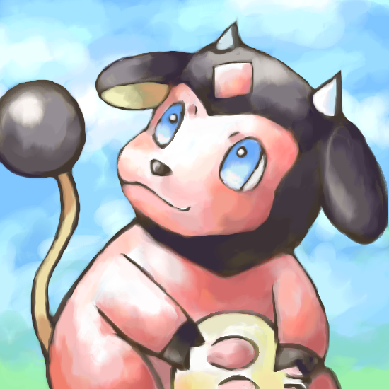 blue_eyes blue_sky bright_pupils closed_mouth cloud cow day english_commentary floppy_ears hooves horns looking_away miltank no_humans outdoors pokemon pokemon_(creature) sailorclef sky smile solo tail_raised udder white_horns white_pupils yellow_tail