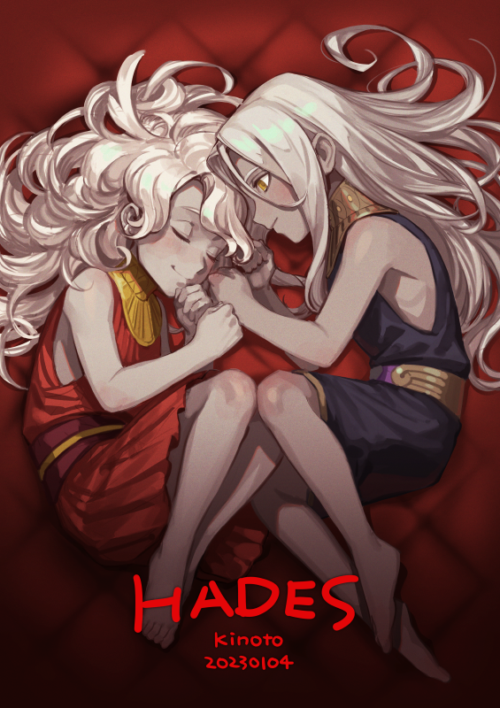 2boys aged_down artist_name barefoot brothers child closed_eyes copyright_name dated gorget greek_clothes hades_(series) hades_1 hypnos_(hades) kizdollark long_hair lying male_child male_focus multiple_boys on_side siblings smile thanatos_(hades) white_hair yellow_eyes