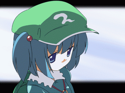 1girl animated animated_gif anime_coloring backpack bad_id bag blue_eyes blue_hair blurry blurry_background closed_mouth collared_shirt dithering eyebrows_hidden_by_hair from_side gif_artifacts green_bag green_hat hair_between_eyes hair_bobbles hair_ornament hat kawashiro_nitori letterboxed light_frown looking_ahead looping_animation lowres oka_(bananashoe) outside_border sad shirt solo touhou two_side_up upper_body wind