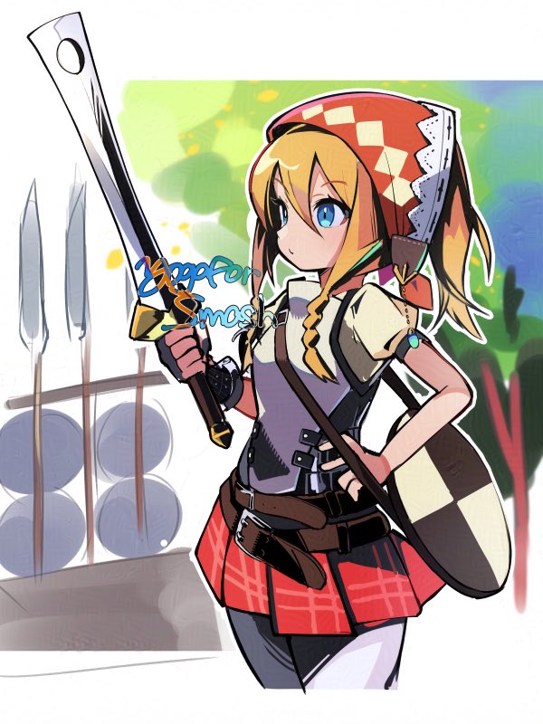 1girl armor belt blonde_hair blue_eyes bonnet braid braided_sidelock breastplate closed_mouth cowboy_shot executioner's_sword from_side hand_on_own_hip hashtag-only_commentary hirotaka_(hrtk990203) holding holding_sword holding_weapon multiple_belts pantyhose plaid plaid_skirt puffy_short_sleeves puffy_sleeves red_skirt sekaiju_no_meikyuu sekaiju_no_meikyuu_4 shield short_sleeves skirt solo sword swordsman_(sekaiju_4) swordsman_4_(sekaiju_4) tree weapon white_pantyhose