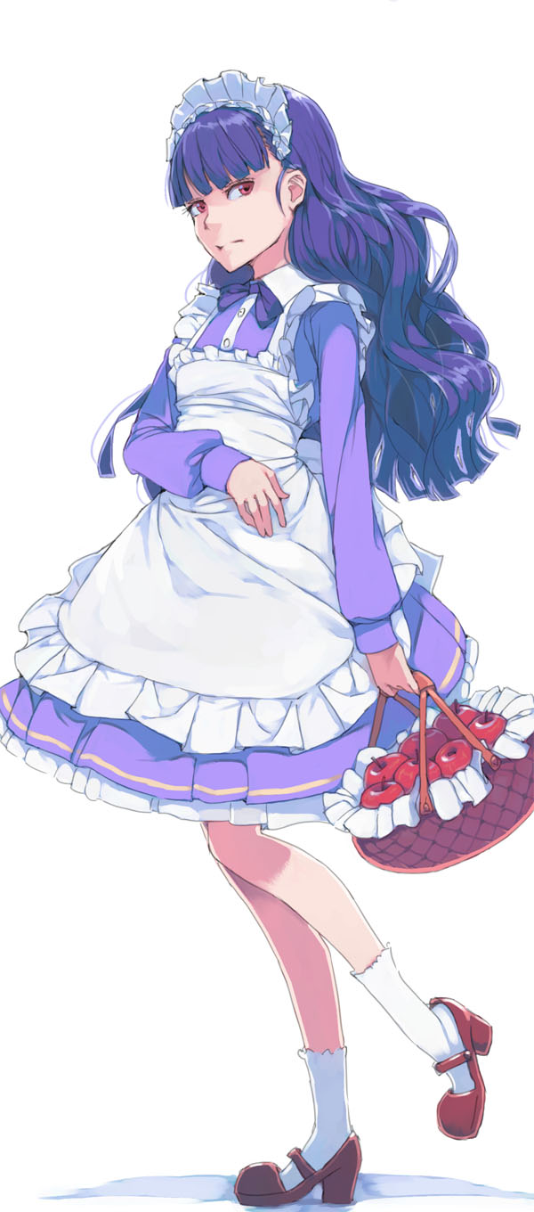 1girl akinbo_(hyouka_fuyou) apron bangs basket blunt_bangs closed_mouth delicious_party_precure dress_shirt food from_side fruit full_body highres holding holding_basket kasai_amane layered_skirt long_hair looking_at_viewer maid maid_headdress medium_skirt neck_ribbon precure purple_hair purple_ribbon purple_shirt purple_skirt red_eyes red_footwear ribbon shiny_hair shirt simple_background skirt socks solo standing white_apron white_background white_socks