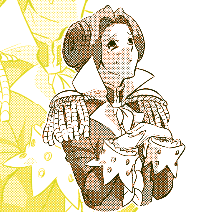 1boy ace_attorney blush double_bun epaulettes gloves hair_bun hand_on_hand long_sleeves looking_at_viewer male_focus minashirazu monochrome open_mouth phoenix_wright:_ace_attorney_-_trials_and_tribulations ron_delite solo sweatdrop tears upper_body