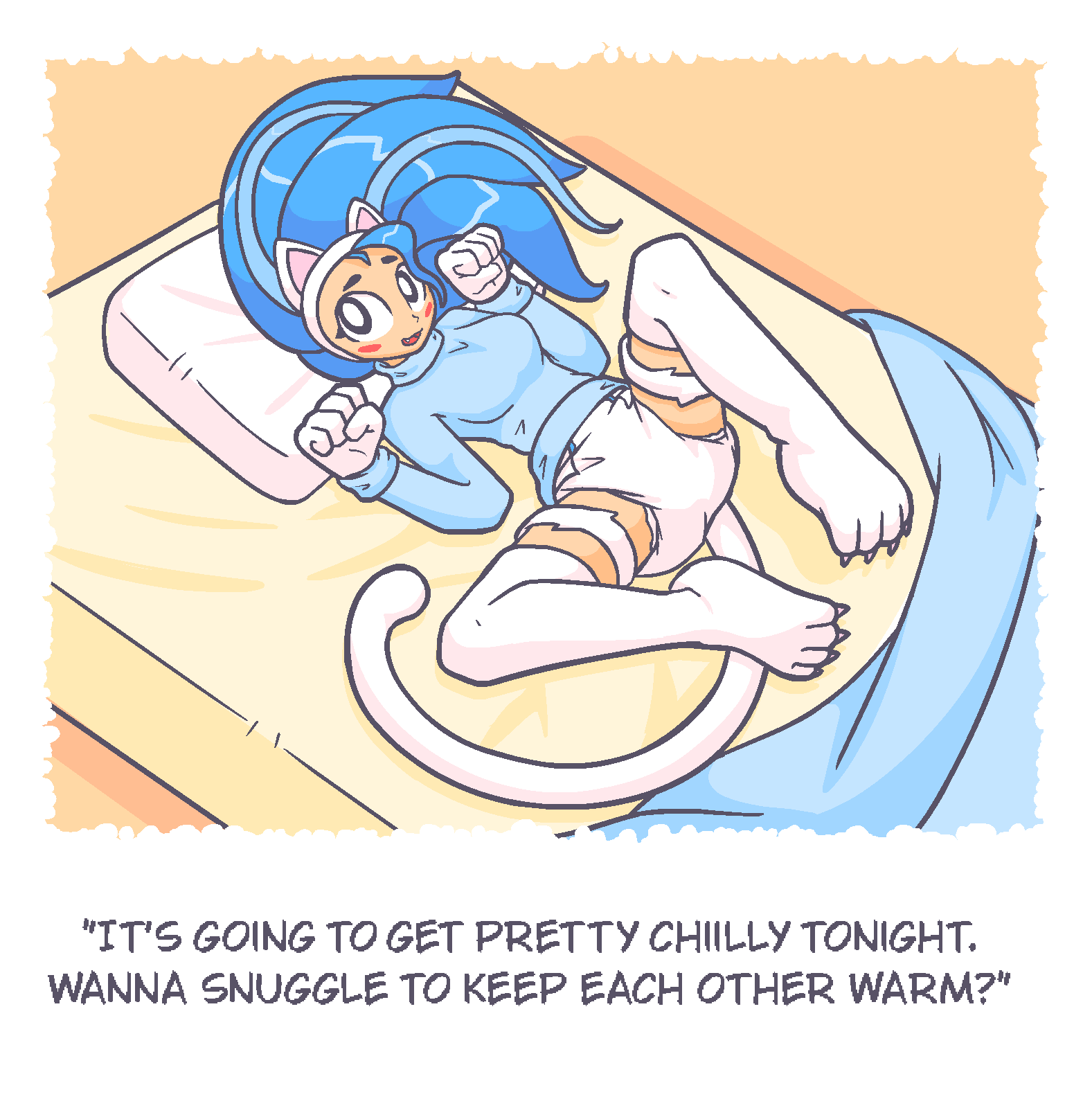 baggashame bed bedding blanket blush blush_stickers capcom clothing darkstalkers diaper english_text felicia_(darkstalkers) felid feline female furniture hi_res legwear lying mammal on_back paw_pose pillow pose simple_background solo spread_legs spreading sweater text thigh_highs topwear turtleneck