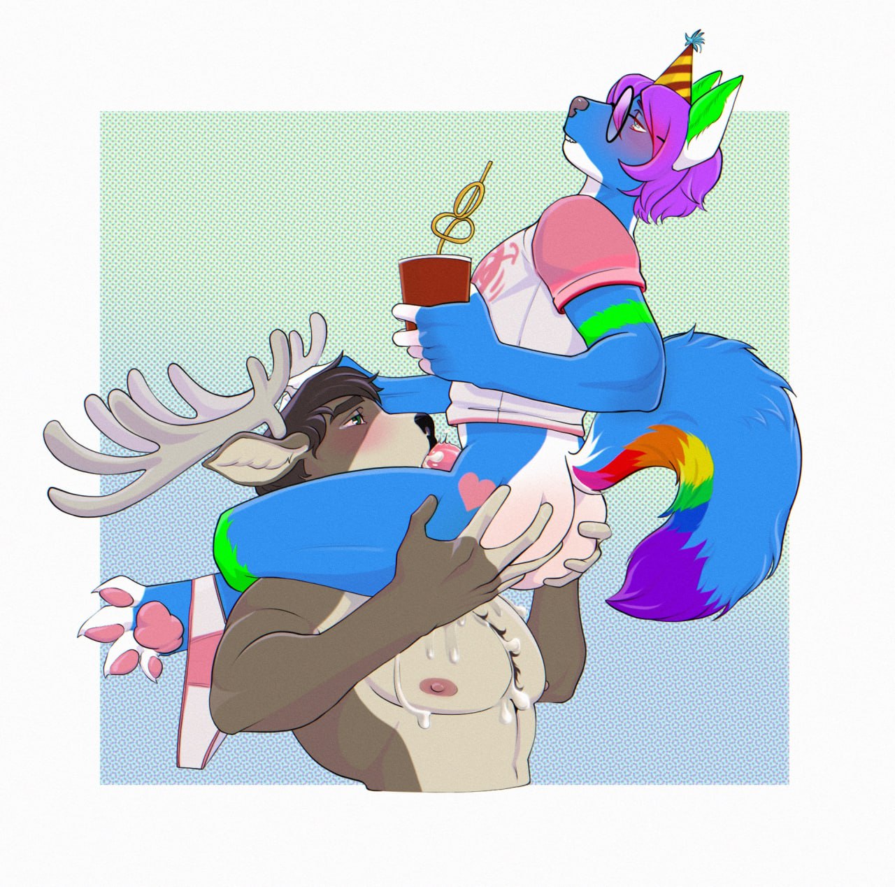 antlers blue_fu blush bodily_fluids bottomless brown_body brown_fur butt butt_grab canid chest_tuft clothed clothing container cum cum_on_chest cup deer drinking_straw duo eyewear felllatio fur genital_fluids glasses glooum hair hand_on_butt hat headgear headwear heart_(marking) hi_res horn icarus_skyhawk male male/male male_penetrated male_penetrating male_penetrating_male mammal multicolored_tail nude partially_clothed party_hat pawpads penetration penis_in_mouth purple_hair rainbow_tail rook_(lazymoose) sex shirt shirt_only sparkledog tail topwear topwear_only tuft