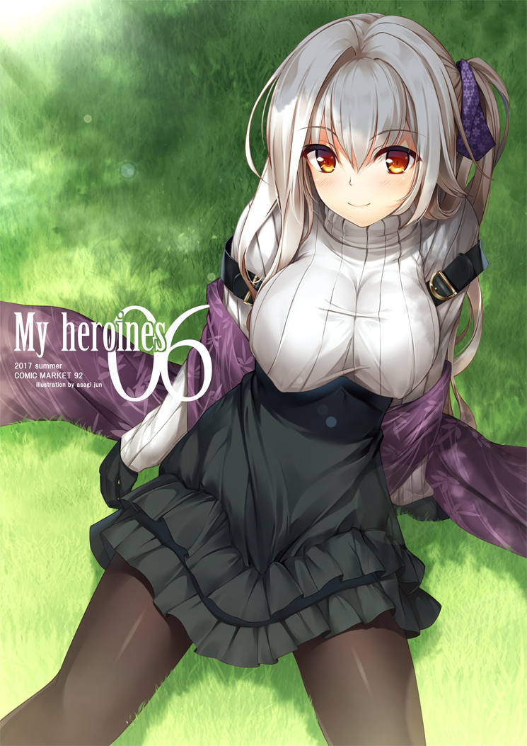 1girl amatsutsumi asagi_jun black_gloves black_skirt blush breasts brown_pantyhose commentary_request cover cover_page covered_nipples doujin_cover gloves grass grey_hair grey_sweater hair_intakes hair_ribbon high-waist_skirt impossible_clothes impossible_sweater koizuka_mana_(amatsutsumi) large_breasts long_hair looking_at_viewer orange_eyes pantyhose purple_ribbon purple_scarf ribbon scarf side_ponytail sitting skirt smile solo sweater turtleneck turtleneck_sweater