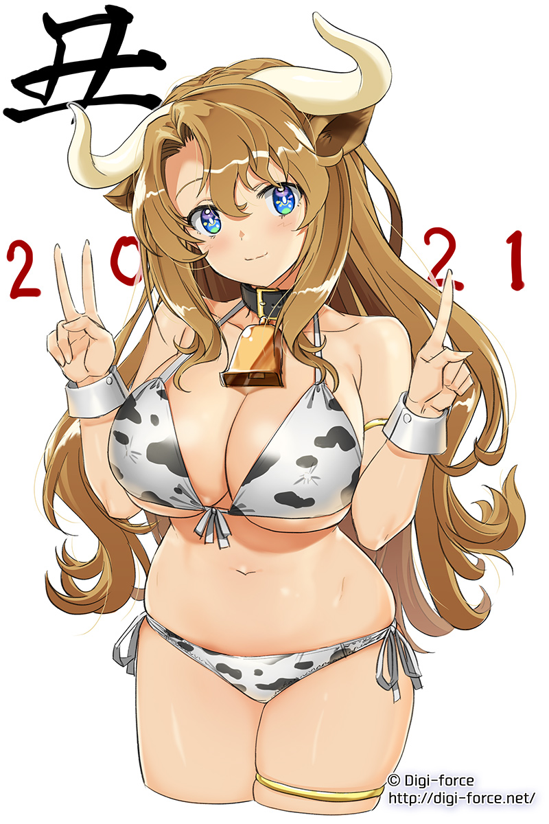 1girl 2021 animal_collar animal_ears animal_print armlet bangs bell bikini black_collar blue_eyes breasts brown_hair chinese_zodiac cleavage closed_mouth collar commentary_request cow_ears cow_girl cow_horns cow_print cowbell cowboy_shot cropped_legs halterneck highres horns index_finger_raised kimura_shigetaka large_breasts long_hair looking_at_viewer navel neck_bell new_year original partial_commentary print_bikini side-tie_bikini_bottom simple_background skindentation smile solo standing swimsuit thighlet translated v very_long_hair w_arms watermark web_address white_background white_bikini wrist_cuffs year_of_the_ox