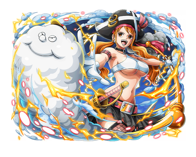 bra brown_eyes clima-tact cloud fishnet_pantyhose fishnets long_hair looking_at_viewer microskirt midriff nami_(one_piece) official_art one_piece one_piece_treasure_cruise open_mouth orange_hair pantyhose skirt sword underwear upper_body weapon white_bra zeus_(one_piece)