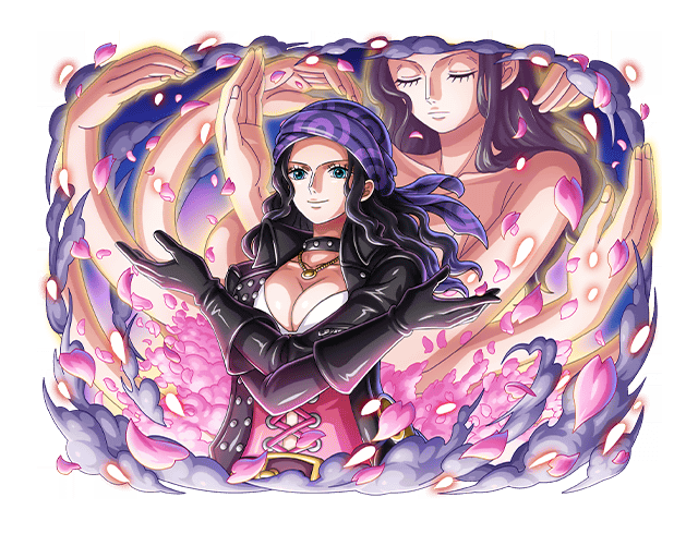 1girl bandana black_choker black_gloves black_hair blue_eyes choker gloves jewelry long_hair looking_at_viewer necklace nico_robin official_art one_piece one_piece_treasure_cruise petals upper_body