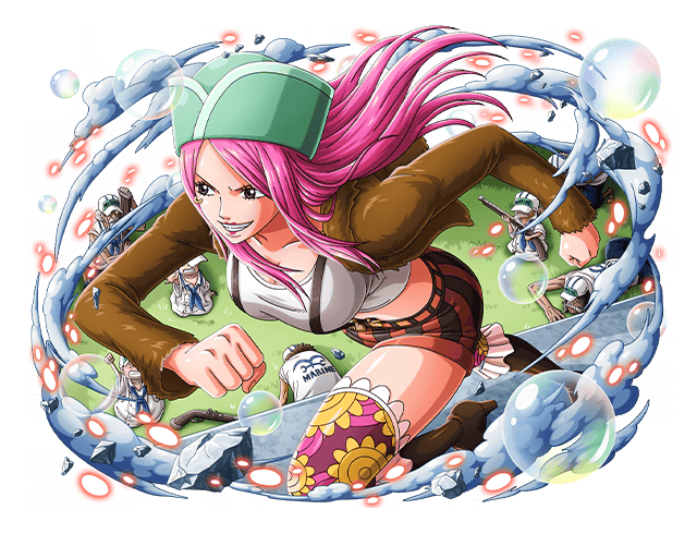 1girl 6+boys bubble green_headwear grin hat jewelry_bonney long_hair multiple_boys official_art one_piece one_piece_treasure_cruise pink_hair running smile thighhighs
