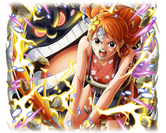 1girl bandaid bandaid_on_face brown_eyes cloud hair_ornament japanese_clothes lightning nami_(one_piece) official_art one_piece one_piece_treasure_cruise open_mouth orange_hair tattoo zeus_(one_piece)