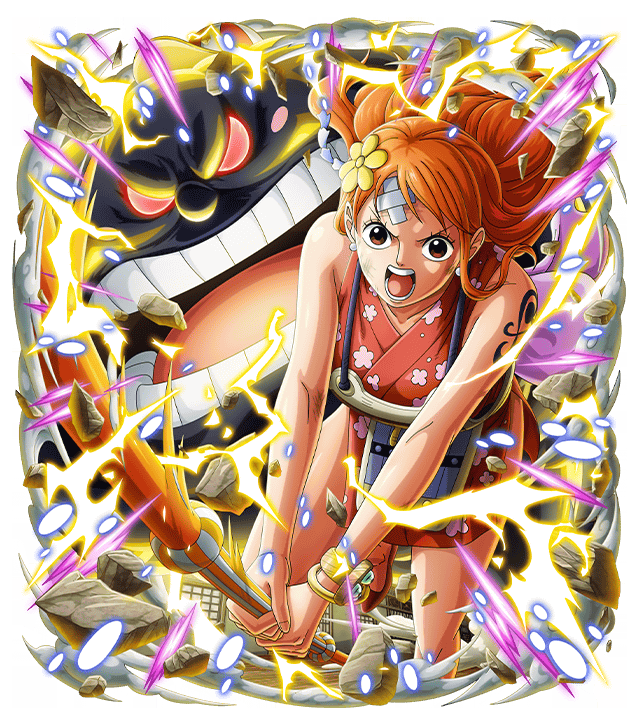 1girl bandaid bandaid_on_face brown_eyes cloud hair_ornament japanese_clothes lightning long_hair nami_(one_piece) official_art one_piece one_piece_treasure_cruise open_mouth orange_hair tattoo zeus_(one_piece)