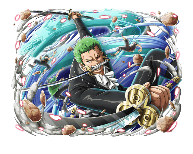 1boy formal green_hair holding holding_sword holding_weapon katana multiple_weapons official_art one_eye_closed one_piece one_piece_treasure_cruise roronoa_zoro short_hair suit sword weapon