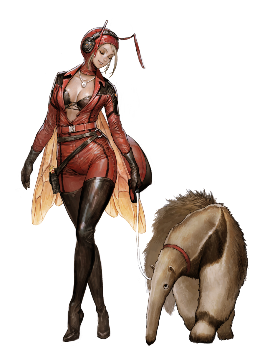1girl animal anteater antennae belt black_bra black_gloves blonde_hair boots bra breasts closed_eyes collar eyelashes gloves helmet high_heel_boots high_heels highres insect_wings leash medium_breasts original parted_lips red_collar smile solo tahra thigh_boots underwear wings