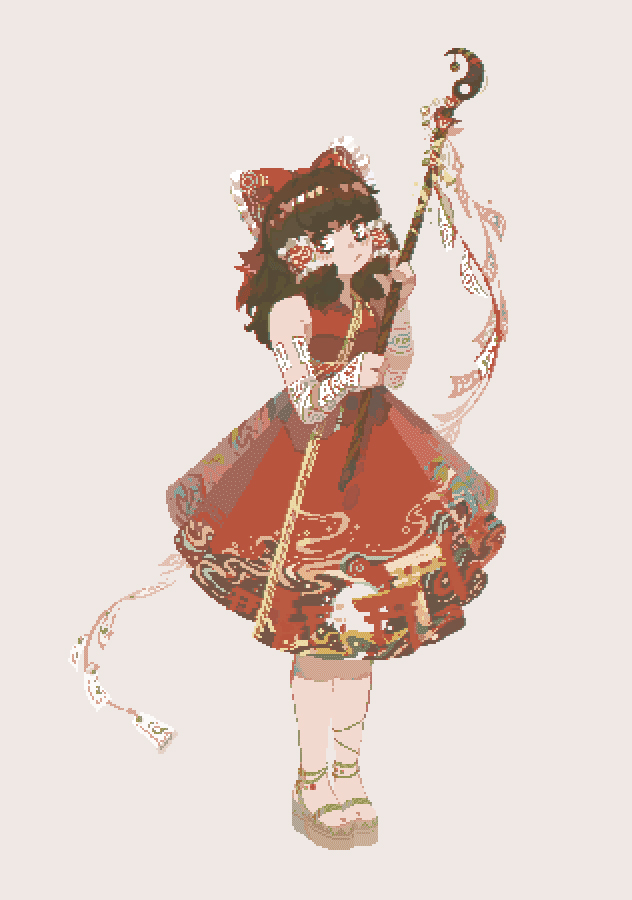 1girl adapted_costume ankle_strap bangs bow brown_eyes brown_hair clog_sandals closed_mouth dress frilled_bow frills full_body hair_bow hair_tubes hakurei_reimu holding holding_wand loftyanchor long_hair looking_to_the_side ofuda pixel_art print_dress red_bow red_dress sidelocks sleeveless sleeveless_dress solo standing torii touhou wand white_background yin_yang