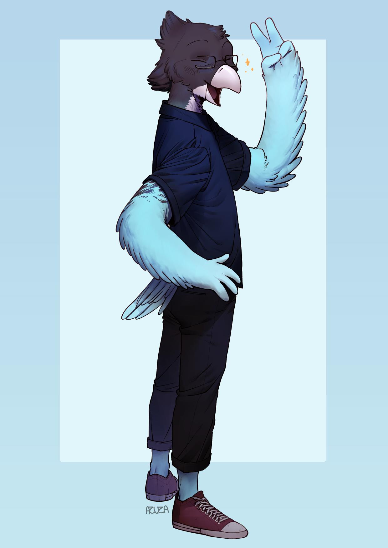 anthro avian azuza blue_body blue_border blue_clothing blue_feathers blue_shirt blue_t-shirt blue_topwear border clothed clothing eyes_closed feathers footwear full-length_portrait gesture happy head_tuft hi_res male open_mouth open_smile portrait pose red_clothing red_footwear red_shoes shirt shoes side_view signature simple_background smile solo sparkles standing t-shirt topwear tuft v_sign