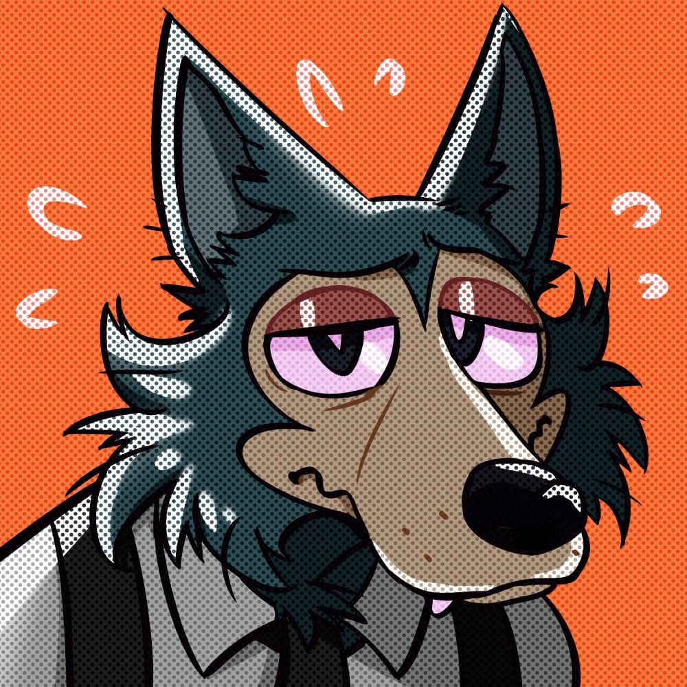 1:1 anthro beastars black_nose boy_squashy canid canine canis clothing comic_art dotted dotted_background fur grey_body grey_fur legoshi_(beastars) looking_at_viewer male mammal orange_background pattern_background pink_eyes simple_background solo wolf worried